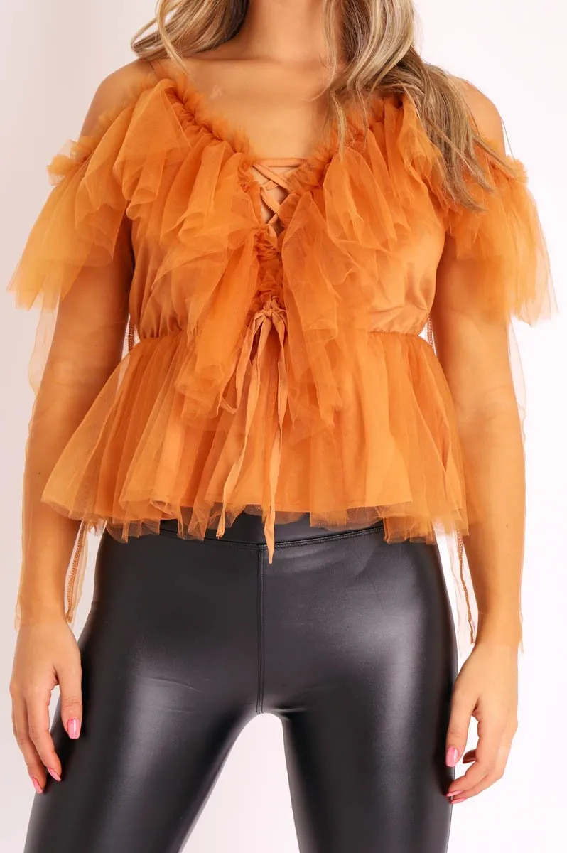 Mustard Tulle Ruffle Mesh Long Sleeve Tie Front Top - Abbi