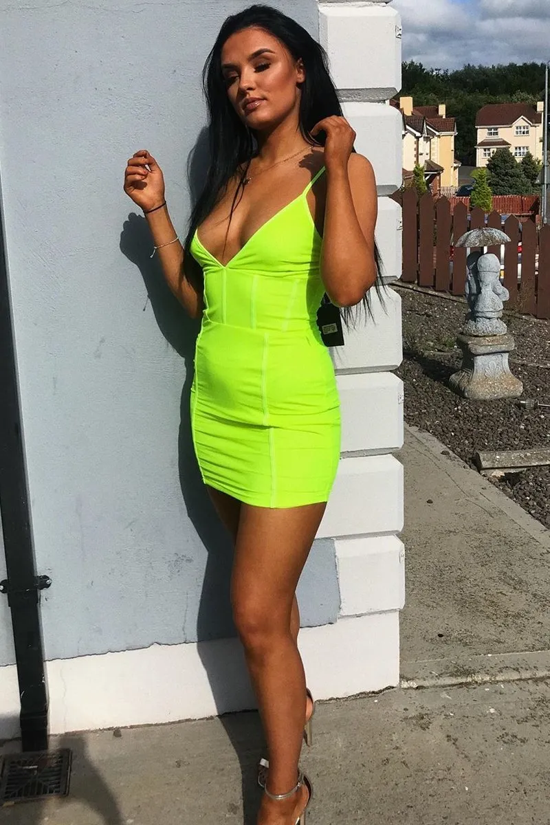 Neon Yellow Mesh Overlay Plunge Bodycon Dress - Teja