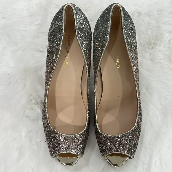 NEW MARC FISHER HARPYLY BEDAZZLED SILVER GLITTERY SPARKLING Ombré HEELS