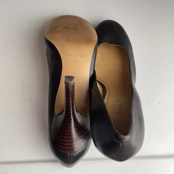 Nine West ambitious heels black stiletto pump round toe leather women size 7 1/2