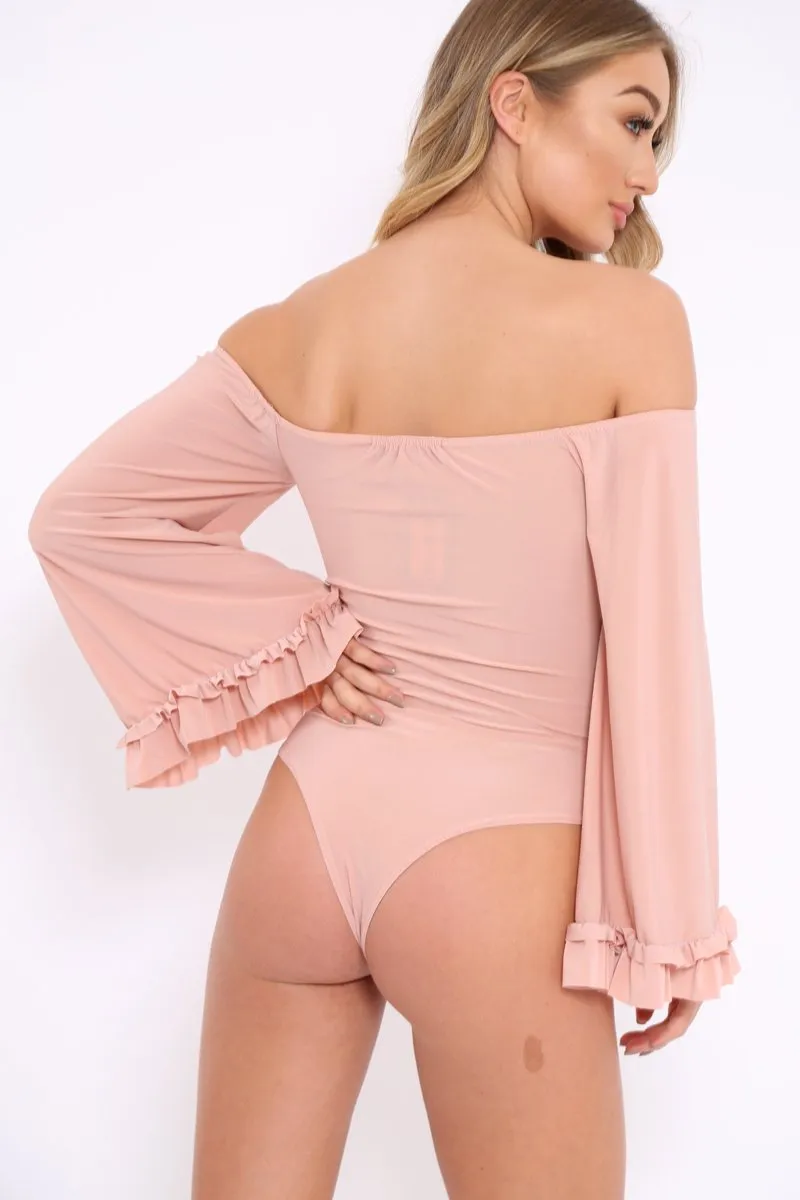 Nude Bardot Frill Flare Sleeve Bodysuit - Sofiya