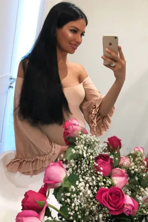 Nude Bardot Frill Flare Sleeve Bodysuit - Sofiya