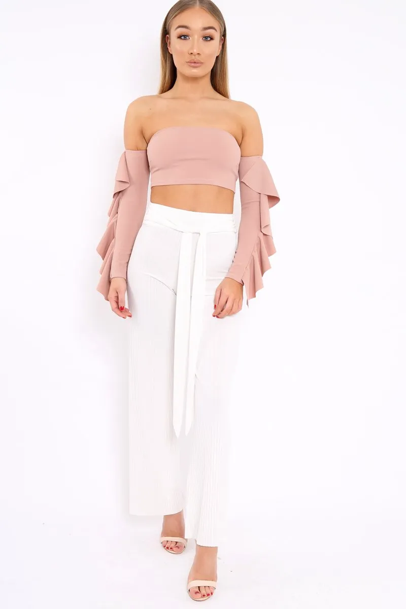 Nude Bardot Frill Sleeve Crop Top - Nancie