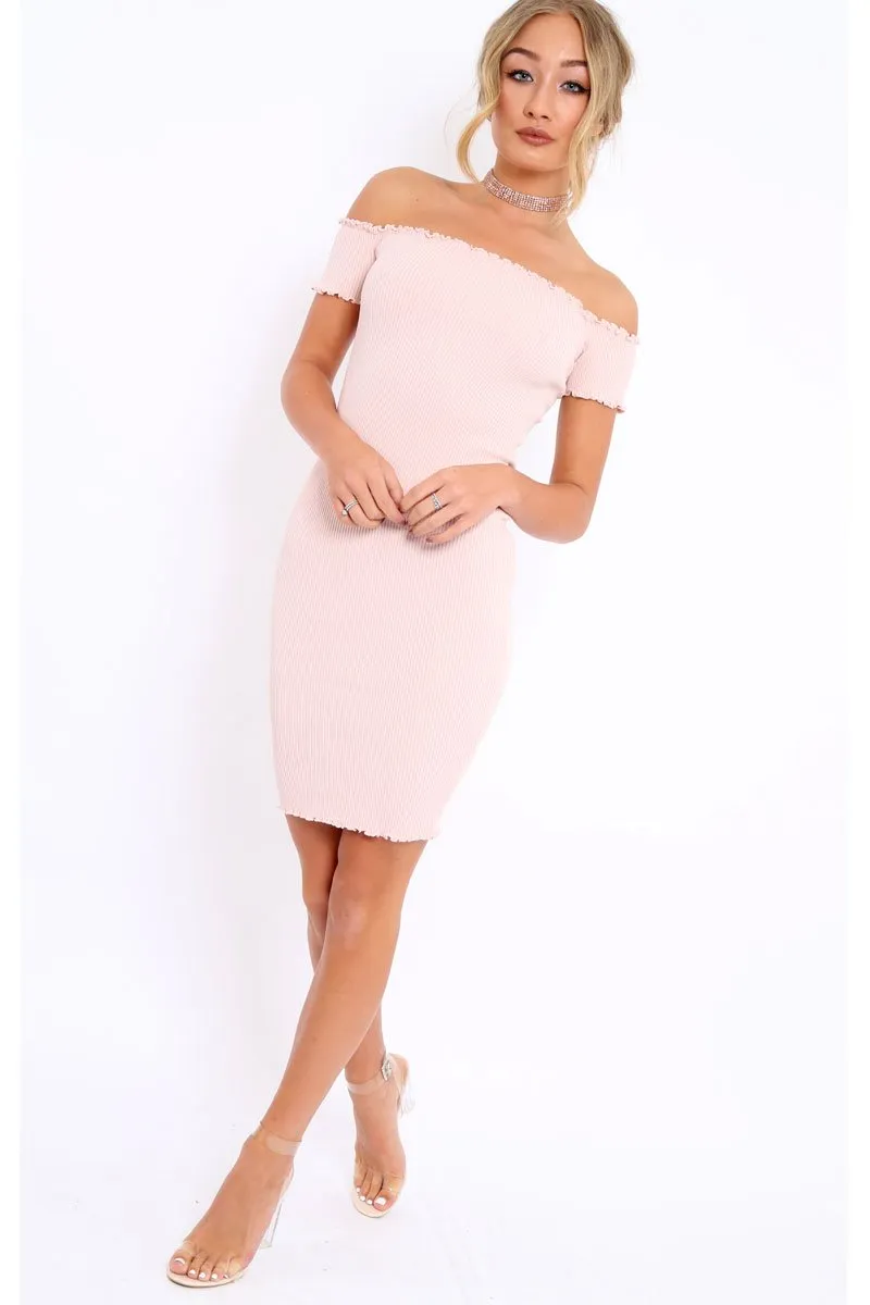 Nude Ribbed Frill Hem Bardot Bodycon Dress - Kamille