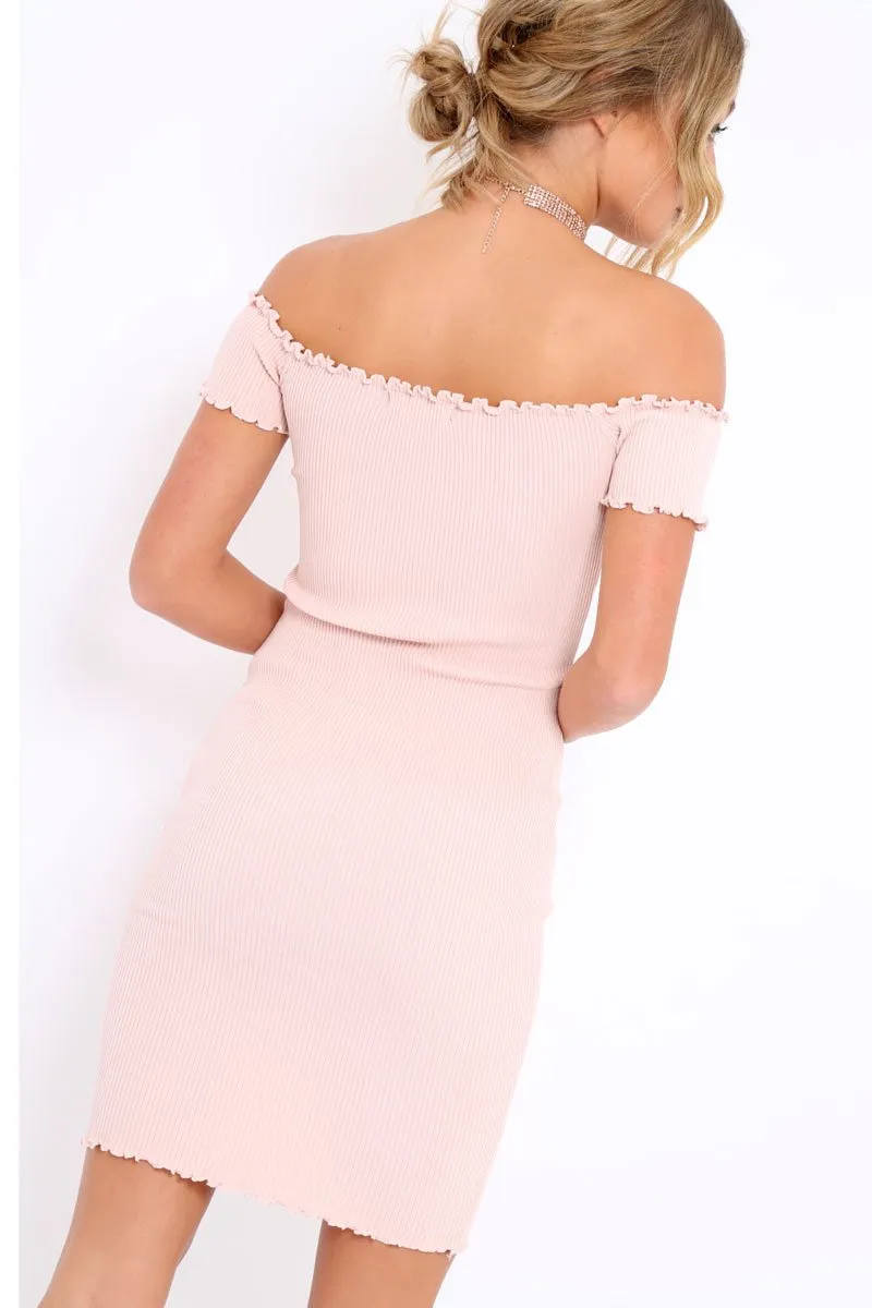 Nude Ribbed Frill Hem Bardot Bodycon Dress - Kamille