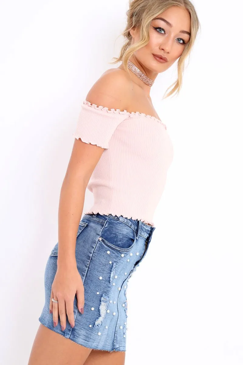 Nude Ribbed Frill Hem Bardot Crop Top - Adelle