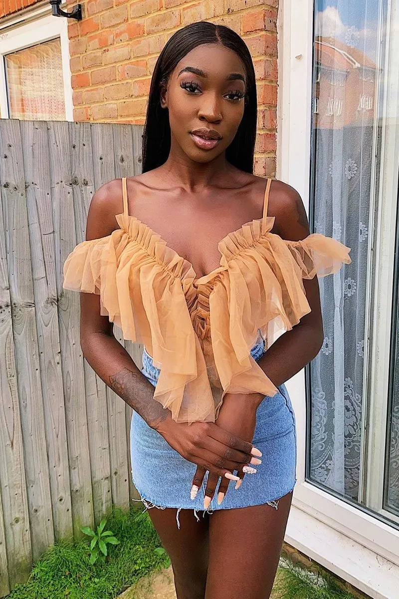 Nude Tulle Ruffle Bodysuit - Irelia
