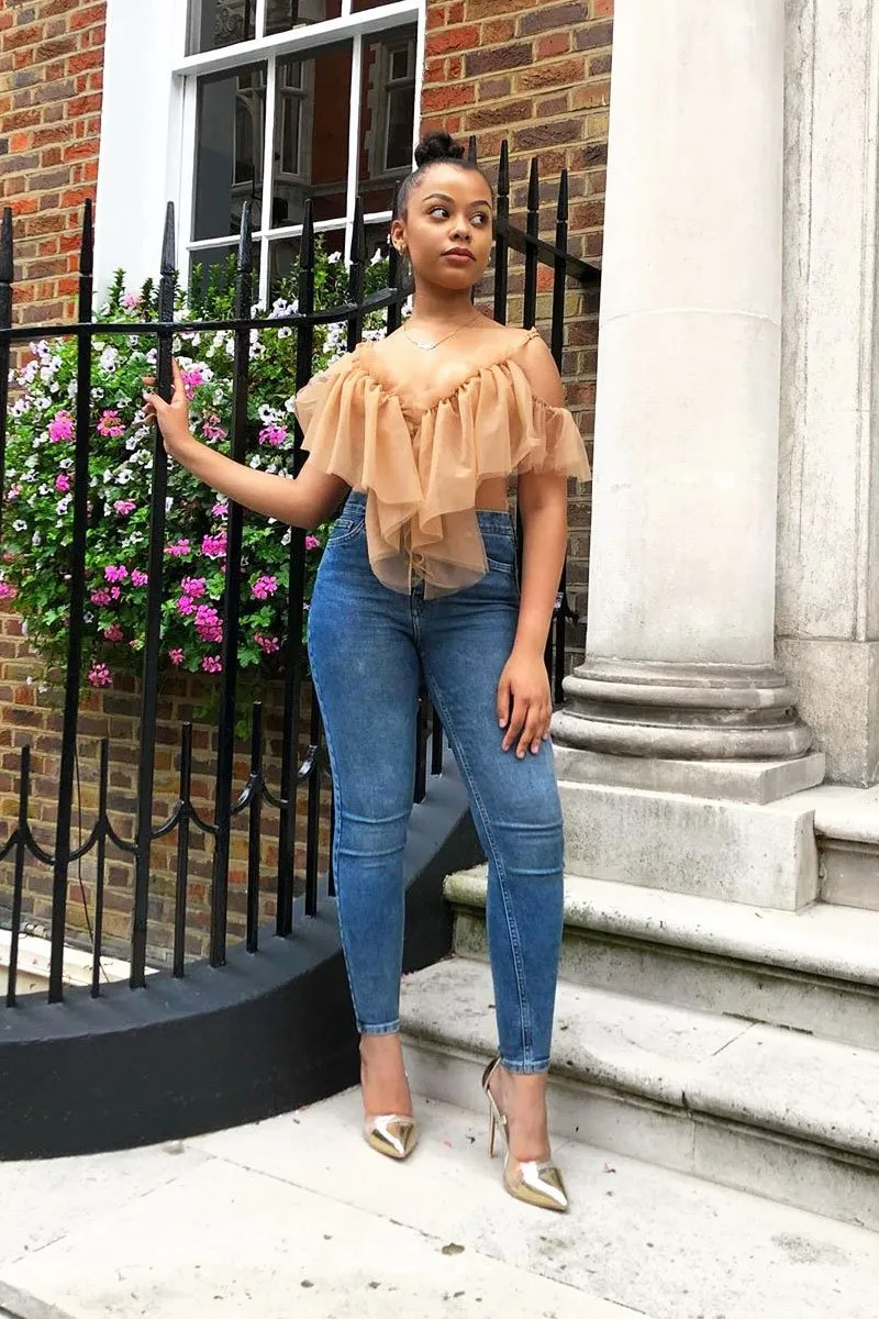 Nude Tulle Ruffle Bodysuit - Irelia