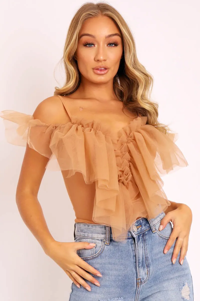 Nude Tulle Ruffle Bodysuit - Irelia