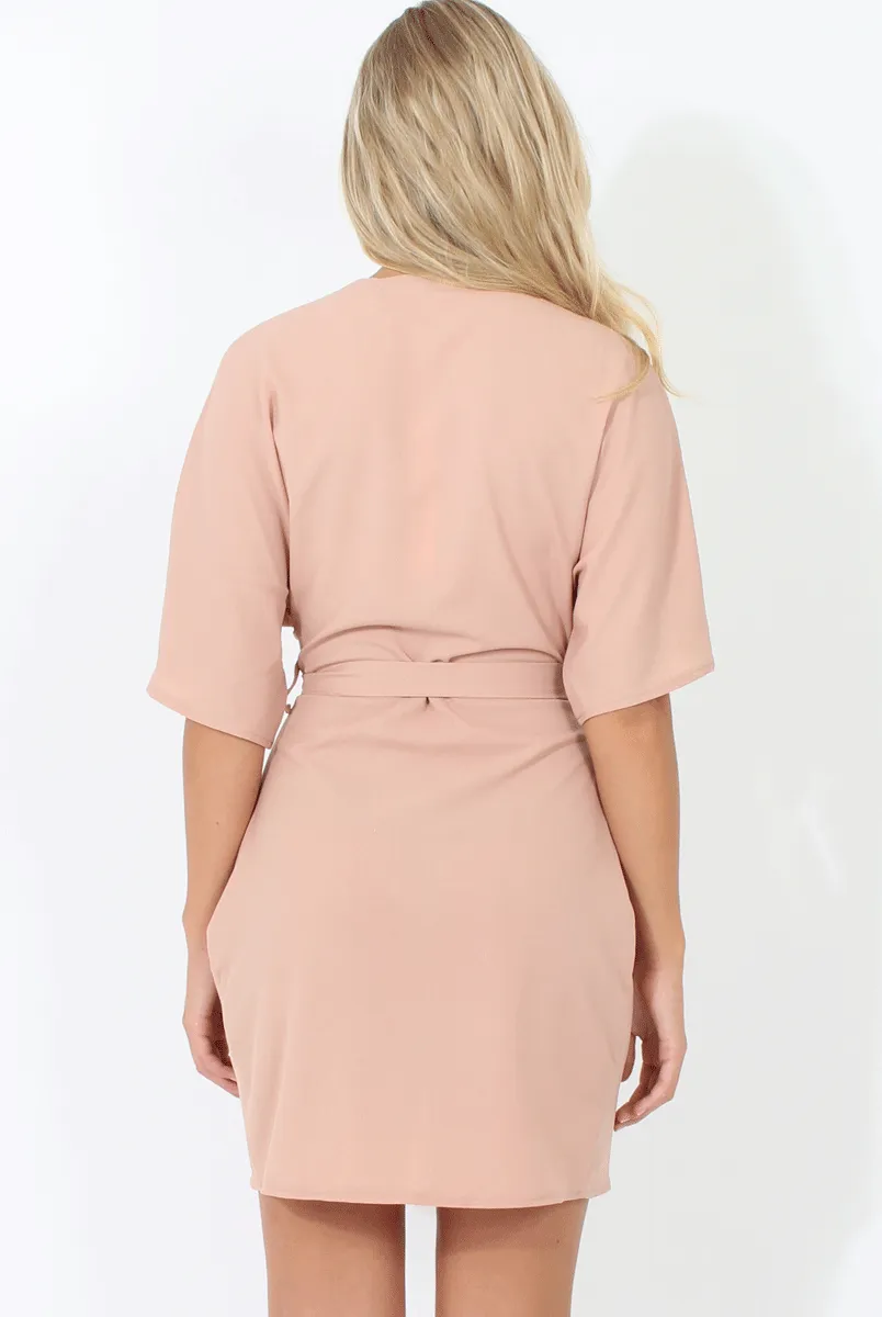 Nude Wrap Around Pleated Tie Waist Dress - Lilith