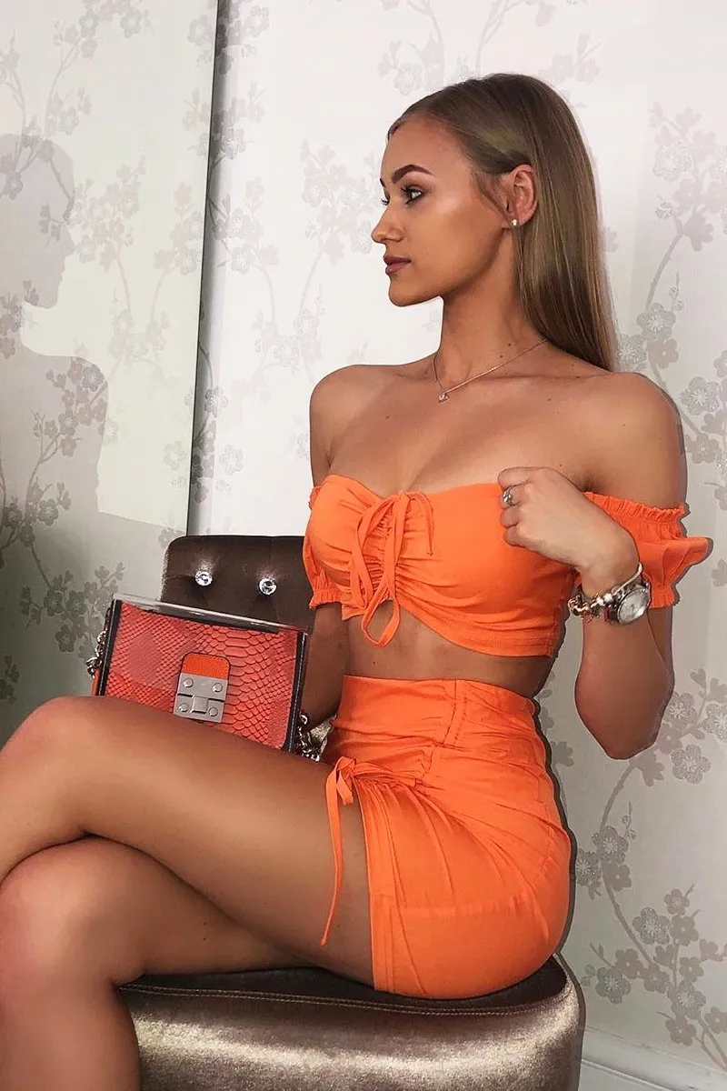 Orange Ruched Bow Tie Crop Top Skirt Co-ord - Chasity
