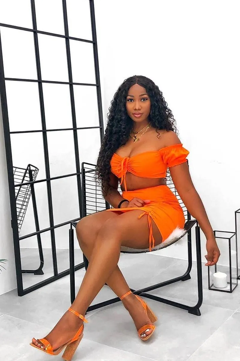 Orange Ruched Bow Tie Crop Top Skirt Co-ord - Chasity