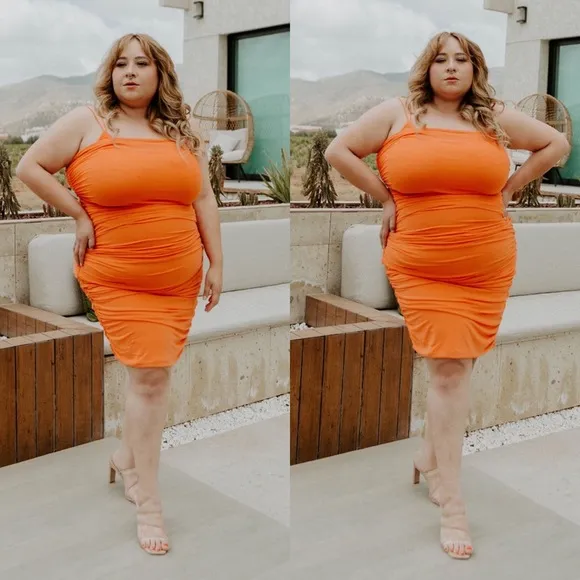 Orange Ruched Plus Size Midi Dress
