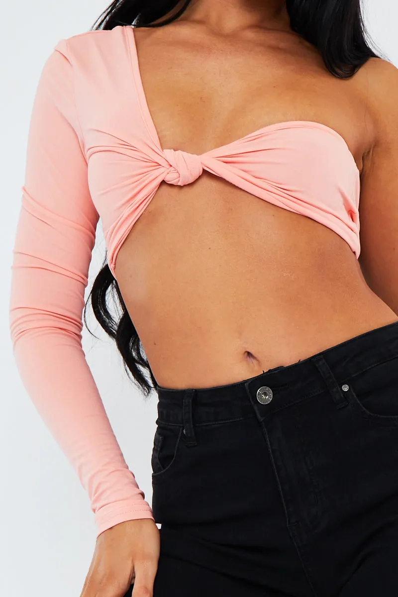 Peach Knot Front One Sleeve Crop Top - Yeliz