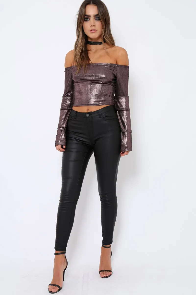 Pink Metallic Tiered Flared Sleeves Bardot Crop Top - Karie