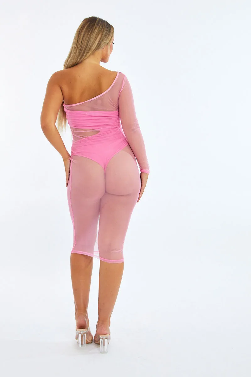 Pink One Sleeve Mesh Midi Dress - Remi