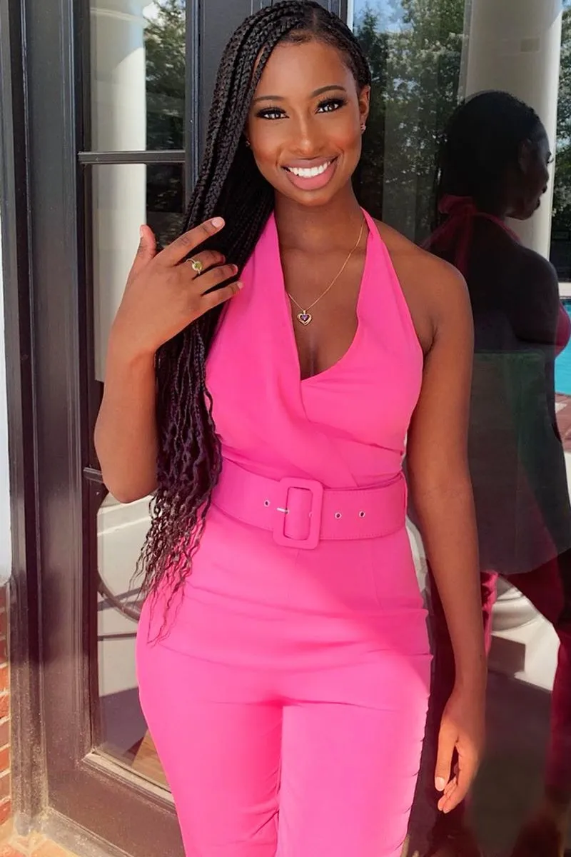 Pink Plunge Front Belted Jumpsuit - Mykel