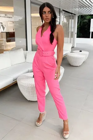 Pink Plunge Front Belted Jumpsuit - Mykel