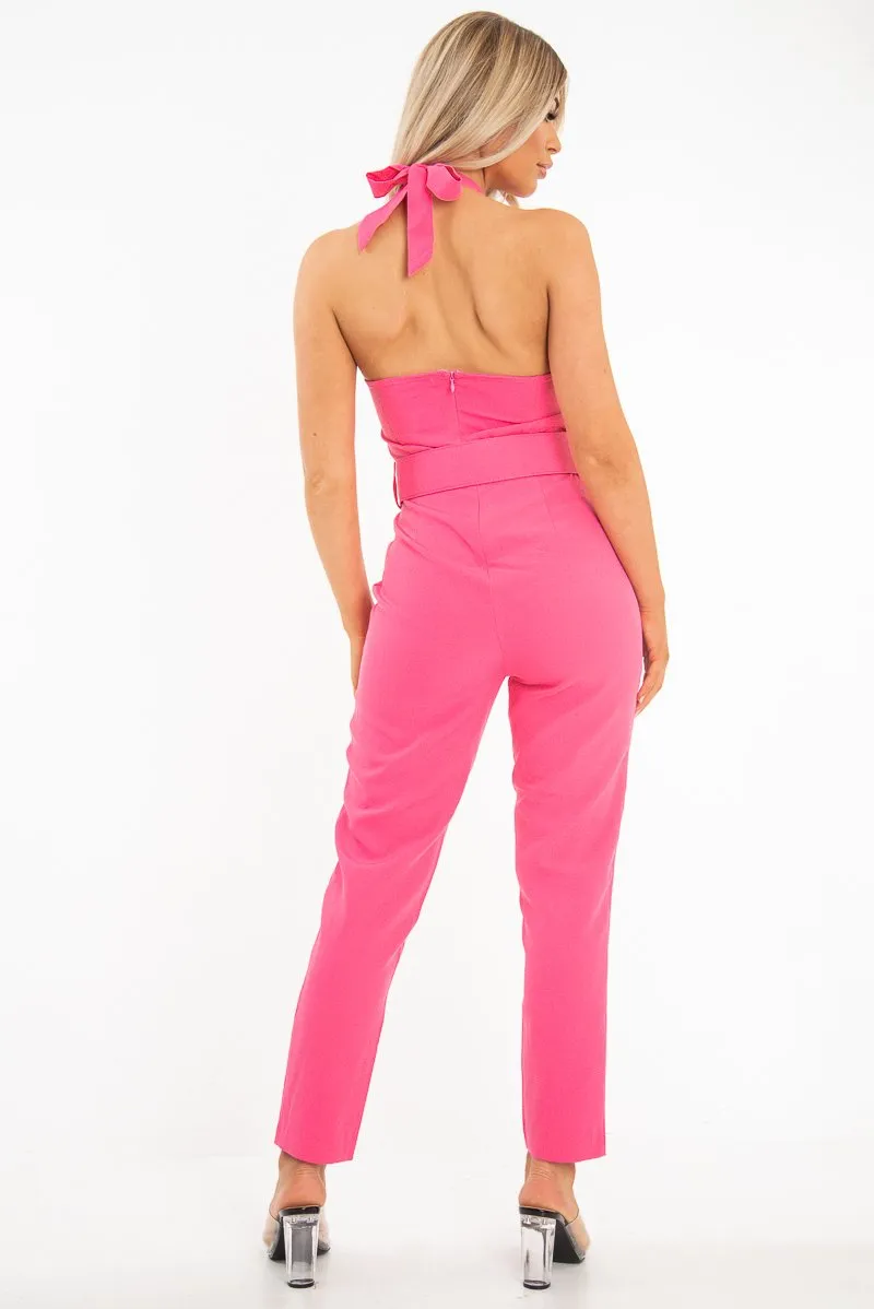 Pink Plunge Front Belted Jumpsuit - Mykel
