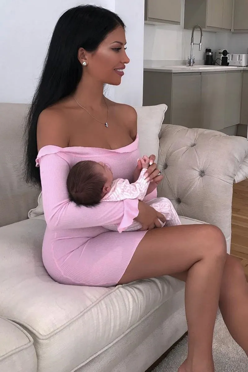 Pink Ribbed Ruffle Long Sleeve Bardot Dress - Madison
