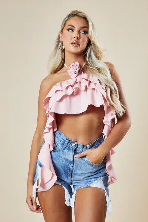 Pink Rosette Frill Detail Crop Top - Arisa
