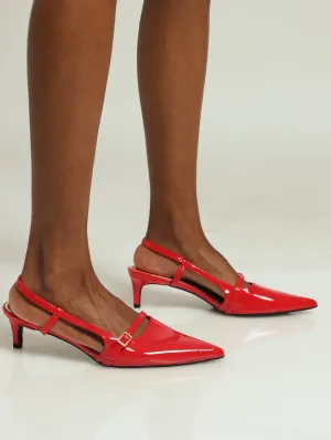 Pointy Buckle Strap Kitten Mule Heel - Red