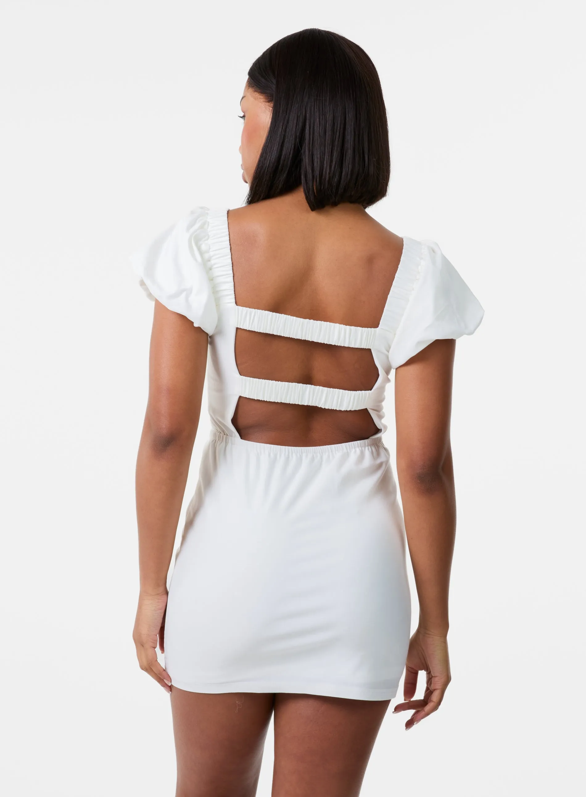 Puff Sleeve Open-Back Mini Dress With Shorts