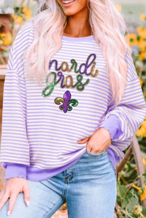 Purple Stripe mardi gras Sequin Patched Graphic Drop Shoulder Top