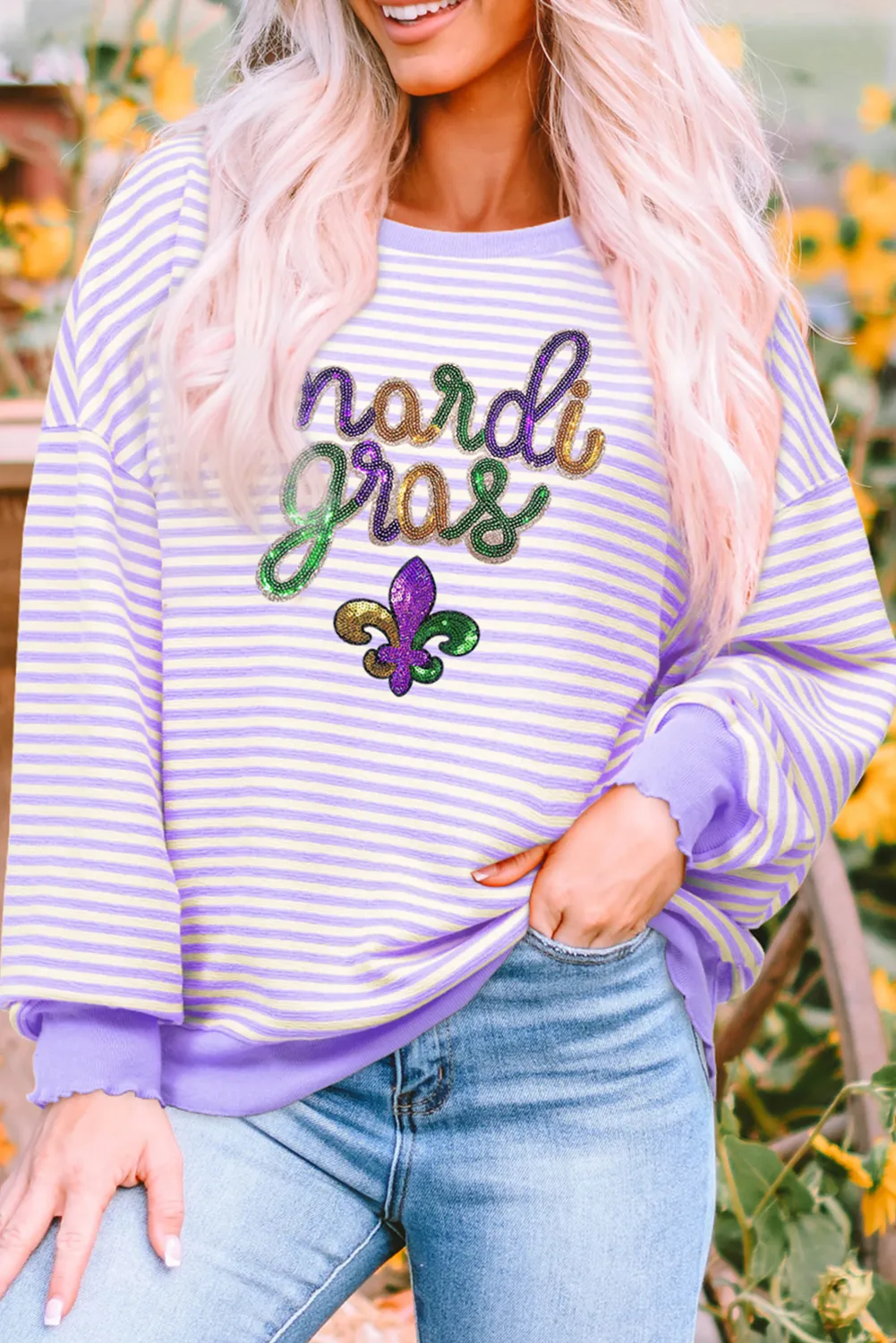 Purple Stripe mardi gras Sequin Patched Graphic Drop Shoulder Top