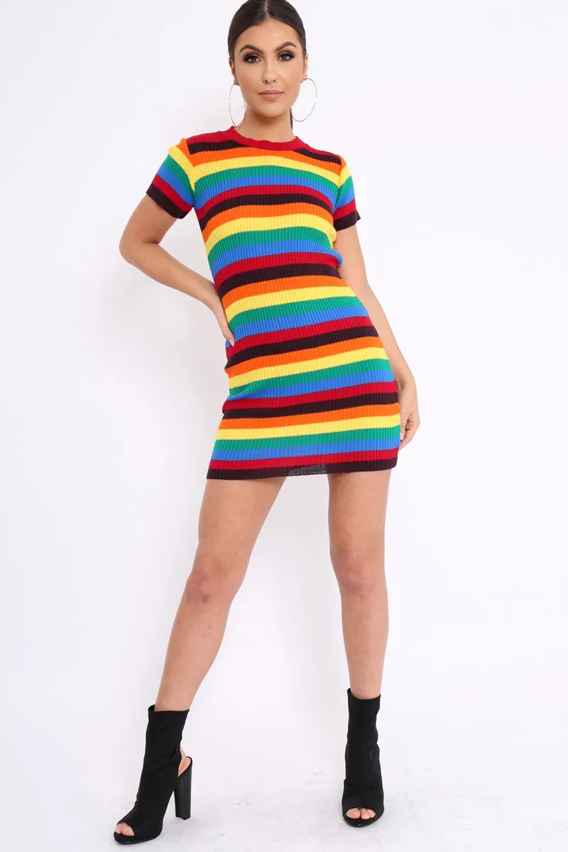 Rainbow Stripe Crew Neck Knitted Dress - Coleen