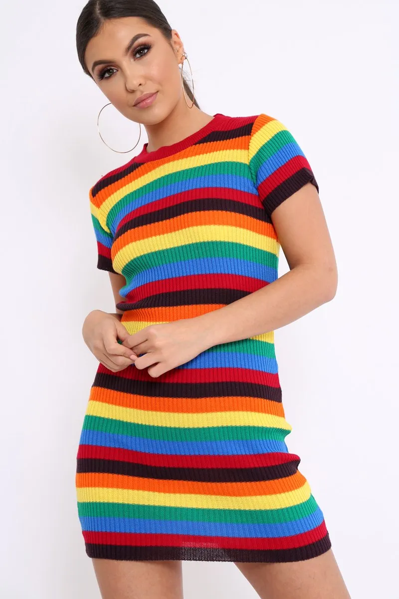 Rainbow Stripe Crew Neck Knitted Dress - Coleen