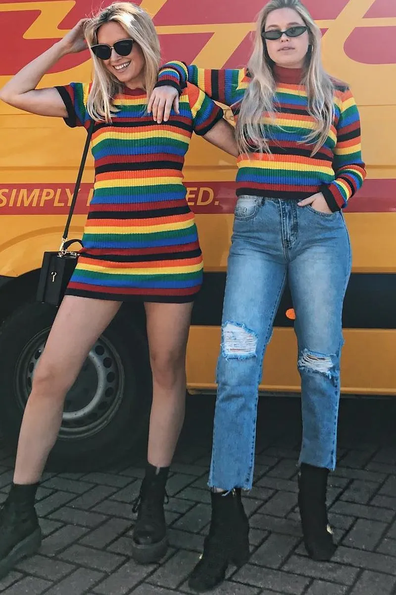 Rainbow Stripe Crew Neck Knitted Dress - Coleen