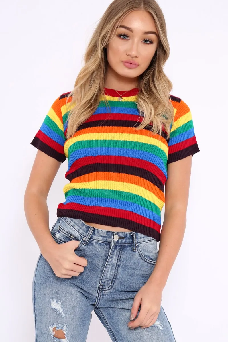 Rainbow Stripe Short Sleeve Jumper - Ariona