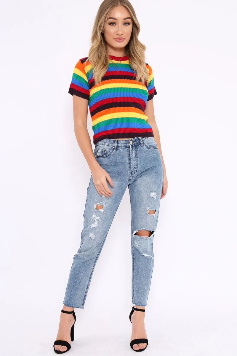 Rainbow Stripe Short Sleeve Jumper - Ariona