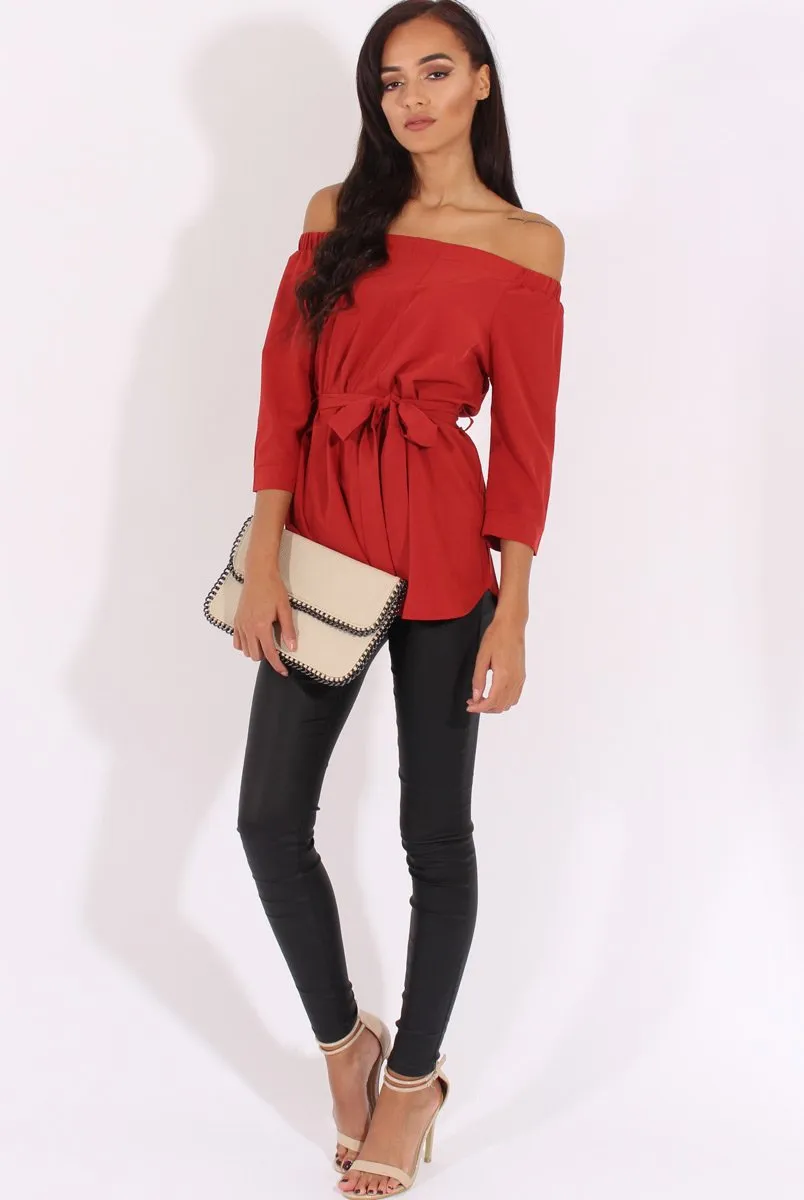 Red Bardot Tie Waist Top - Angie