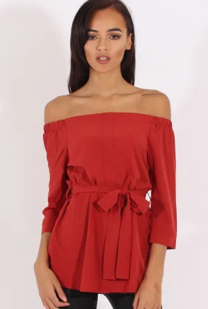 Red Bardot Tie Waist Top - Angie