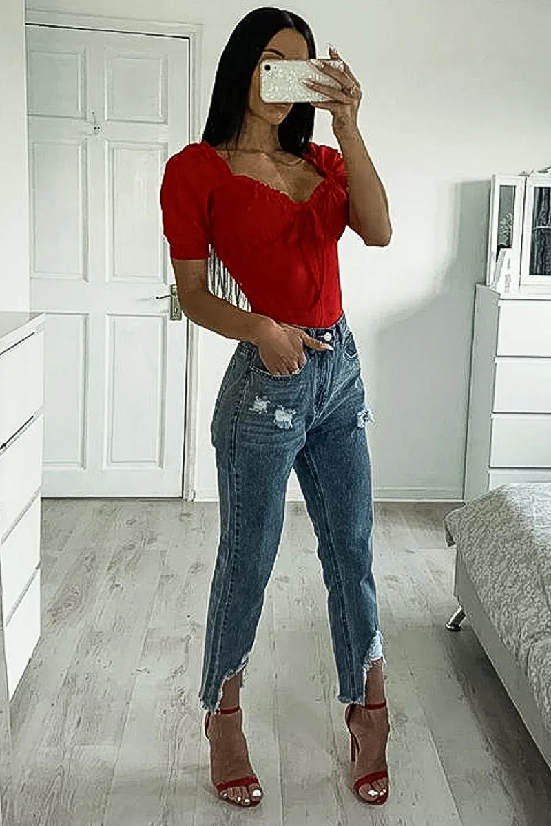 Red Bow Front Ruched Detail Top - Charlie