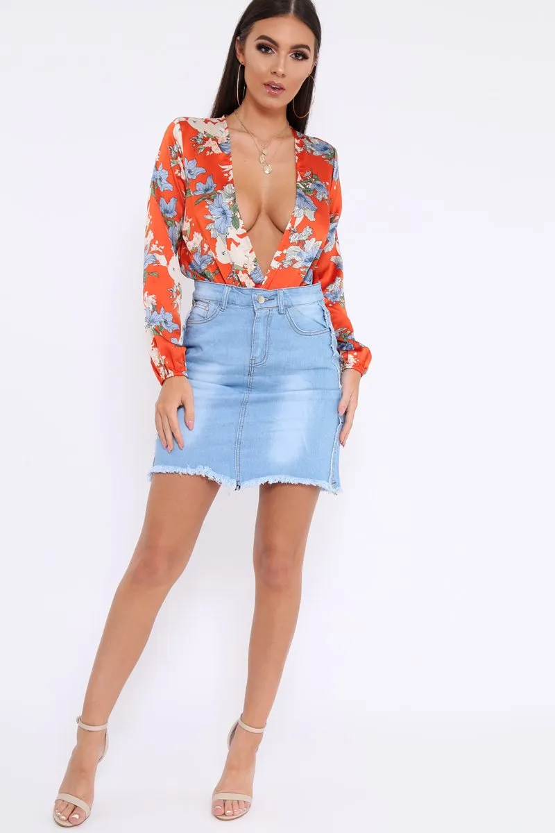 Red Floral Long Sleeve Plunge Bodysuit - Nicole