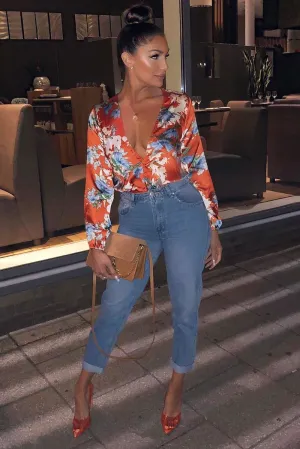 Red Floral Long Sleeve Plunge Bodysuit - Nicole
