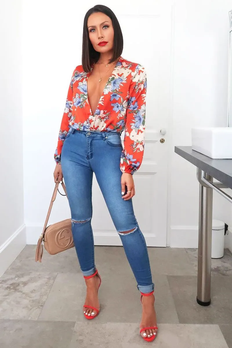 Red Floral Long Sleeve Plunge Bodysuit - Nicole