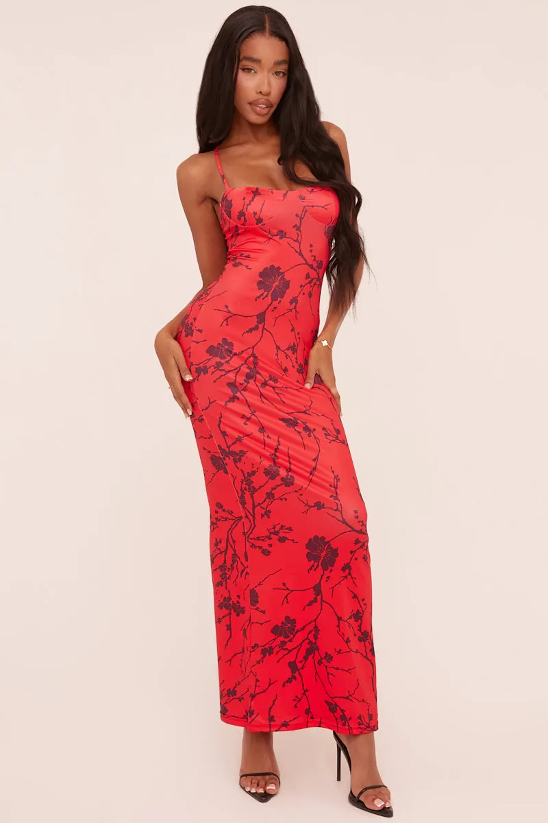 Red Floral Print Shoulder Straps Maxi Dress - Madelon