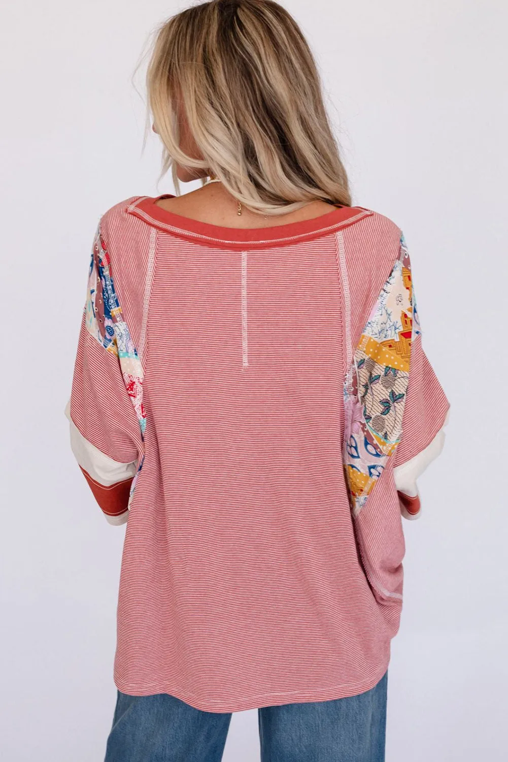 Red Pinstriped Color Block Patchwork Oversized Top