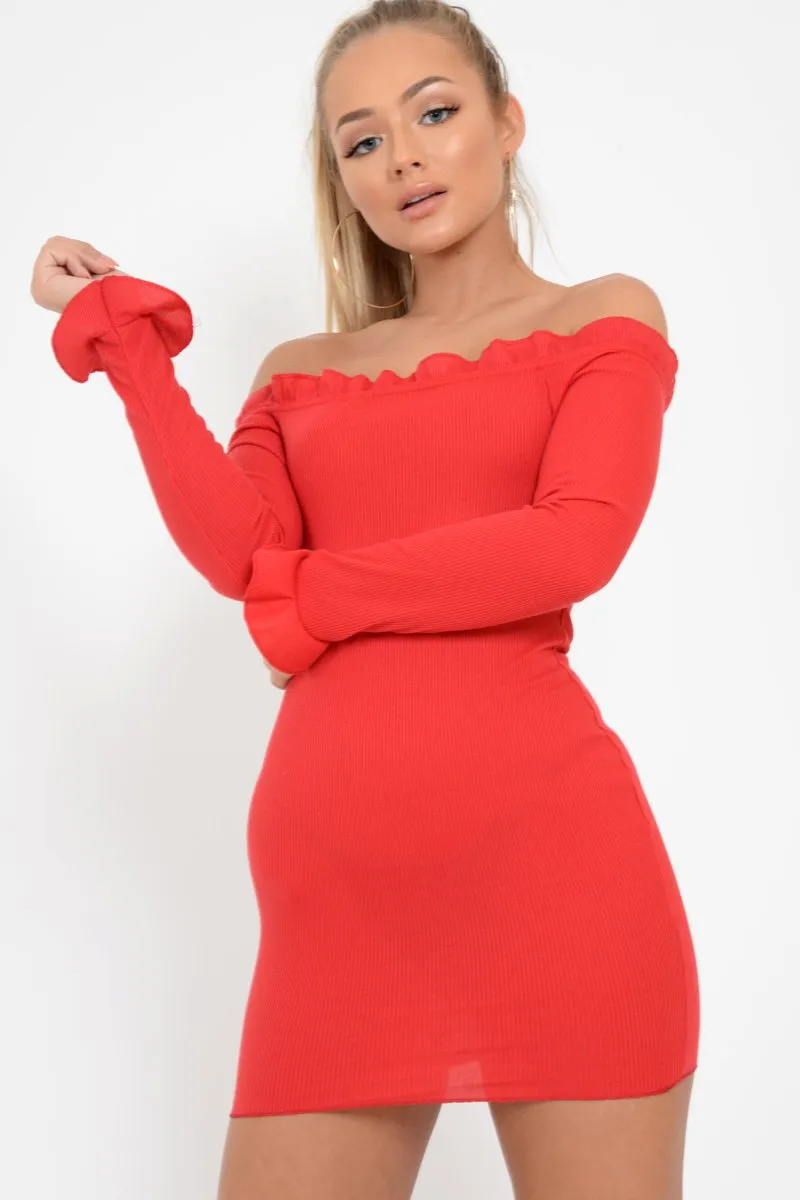 Red Ribbed Ruffle Long Sleeve Bardot Dress - Madison