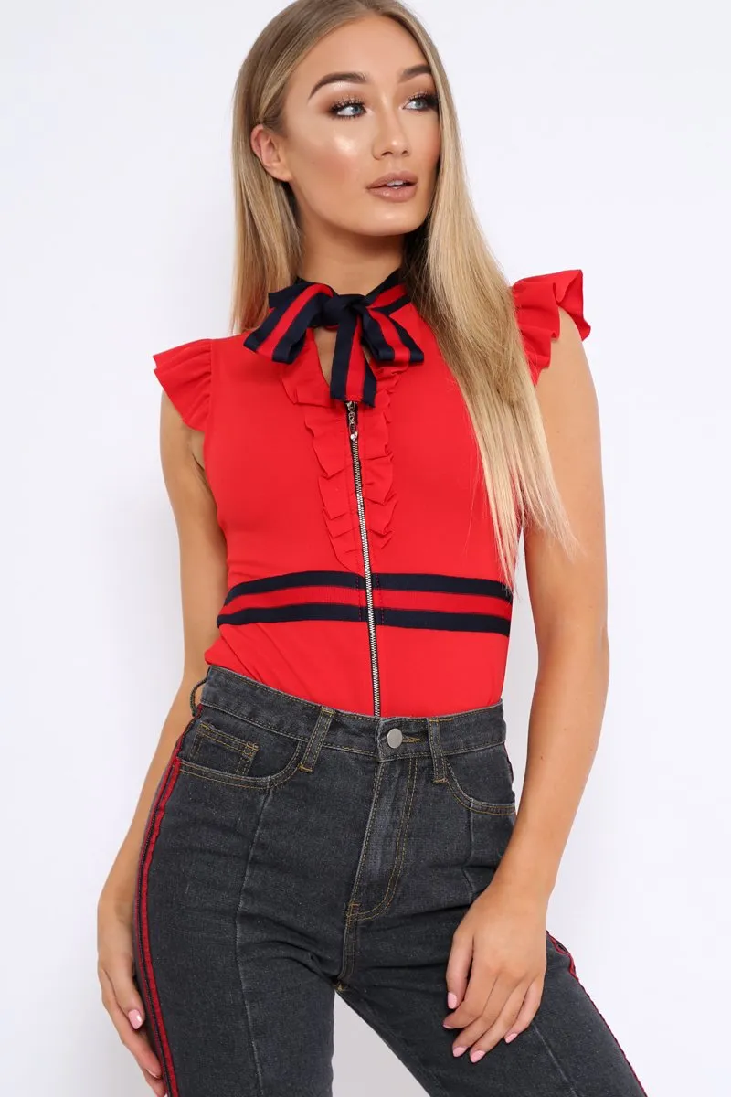 Red Sleeveless Frill Stripe Bodysuit - Laili