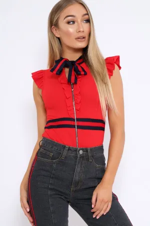 Red Sleeveless Frill Stripe Bodysuit - Laili