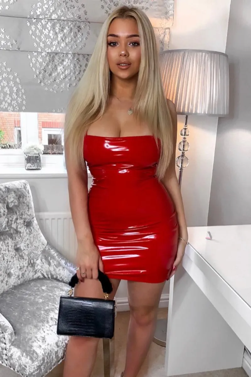 Red Straight Neck Vinyl Bodycon Dress - Keydi