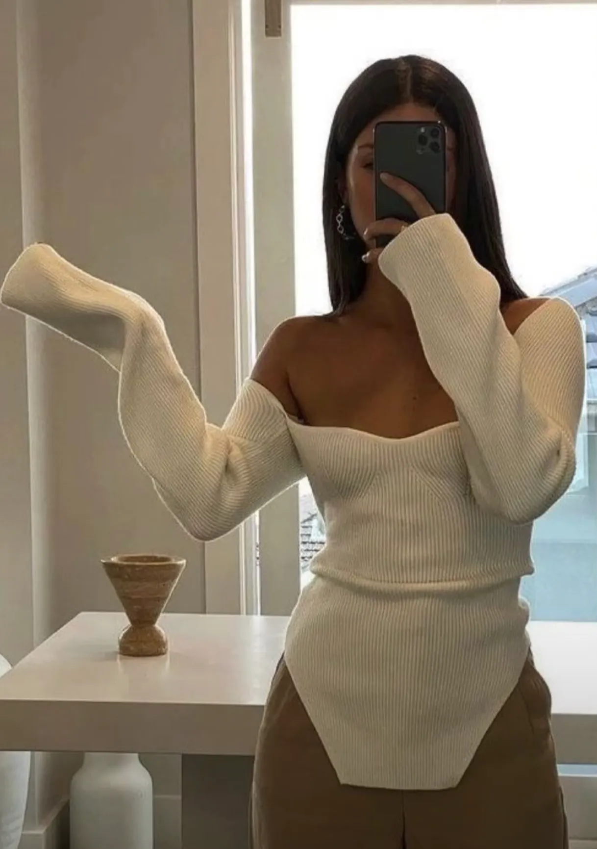Ribbed Knit Top with Asymmetrical Hem