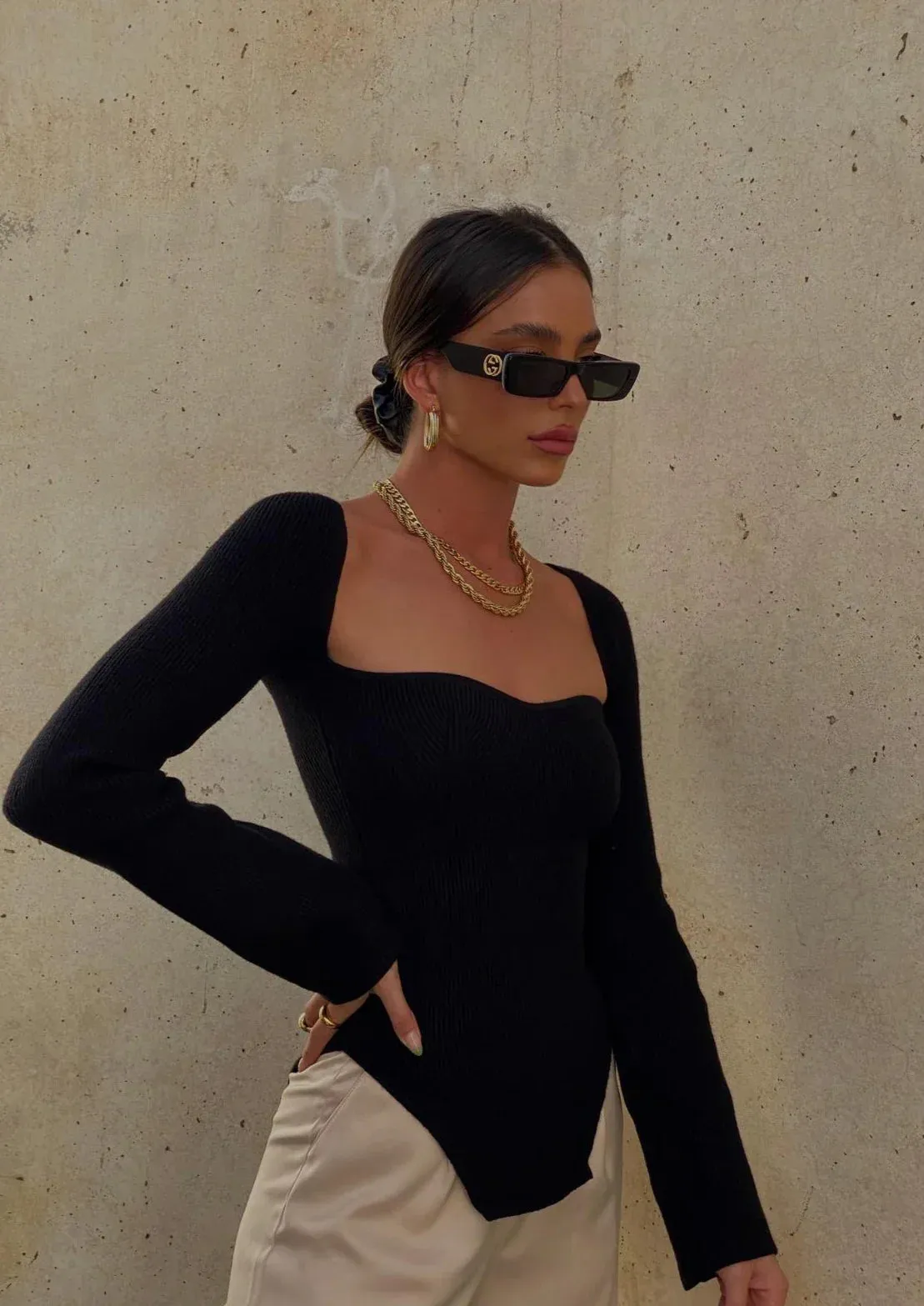 Ribbed Knit Top with Asymmetrical Hem