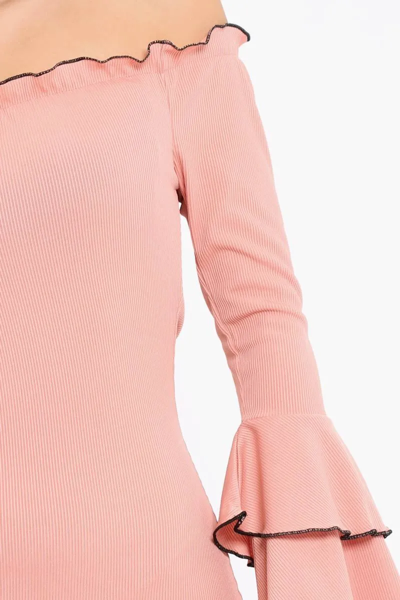 Rose Ribbed Bell Sleeve Mini Dress - Ariana