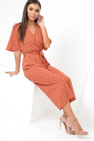 Rust Polka Dot Wrap Culotte Jumpsuit -Juni